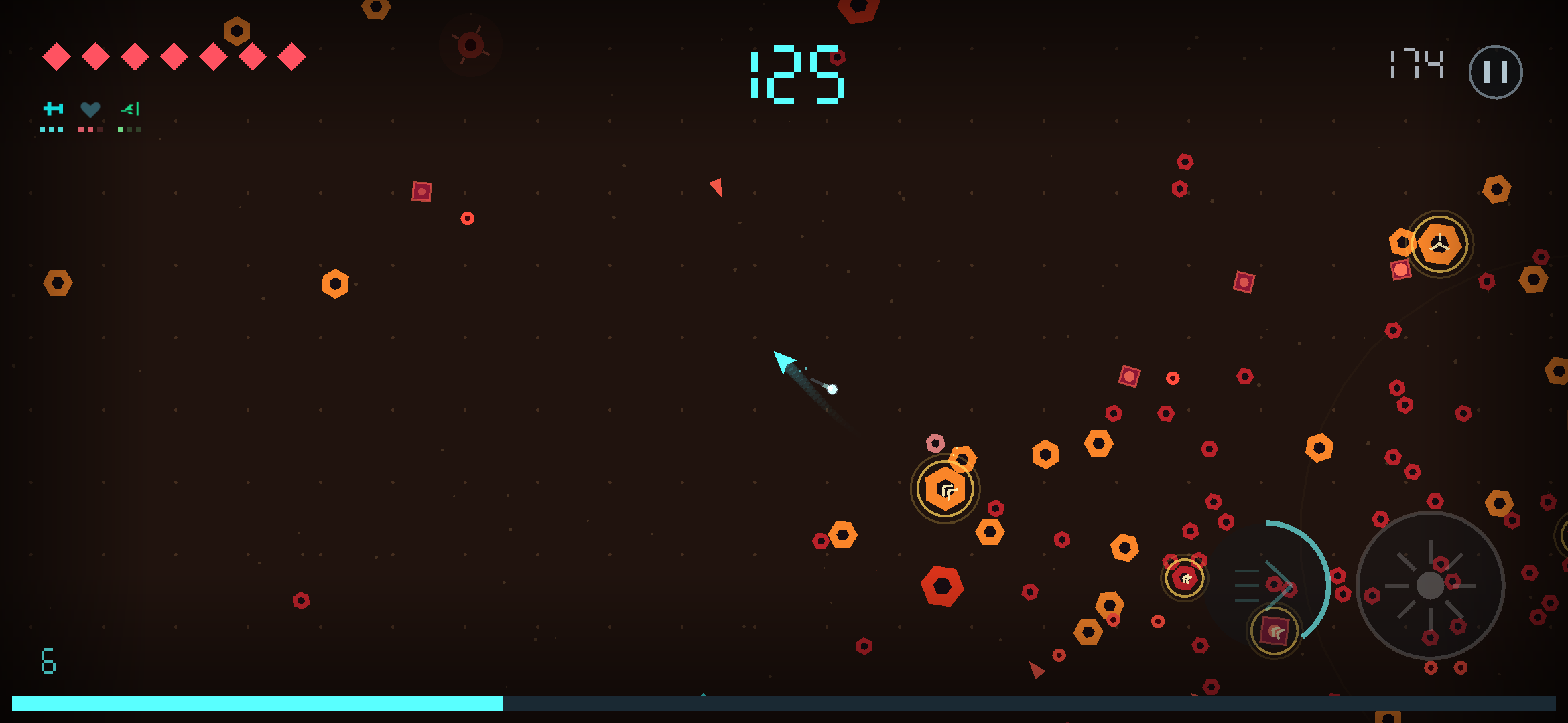 Combat on red ground: the ship weaves between orange and red enemies